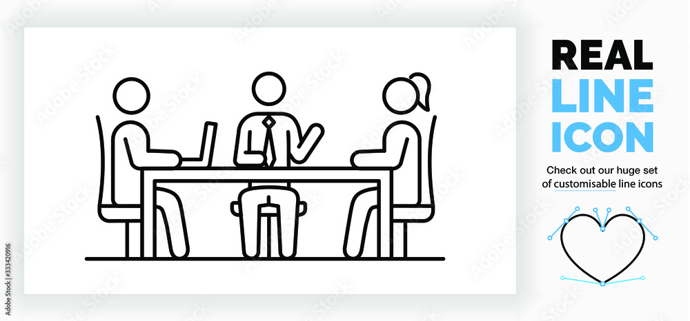 Editable real line icon of a male and female stick figure in a business meeting sitting at a table with a computer and the manager is wearing a suit and tie in black modern lines on a white background