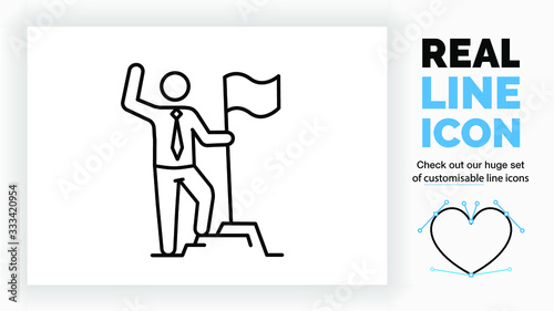 Editable real line icon of a standing business man stick figure reaching the top in his career with succes by planting a flag on top of a mountain in black modern lines on a clean white background