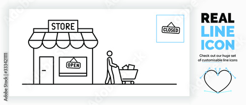 Editable real line icon of a store illustration with a open and closed sign and a customer stick man walking with a shopping cart filled with product boxes in modern black lines as a EPS vector file