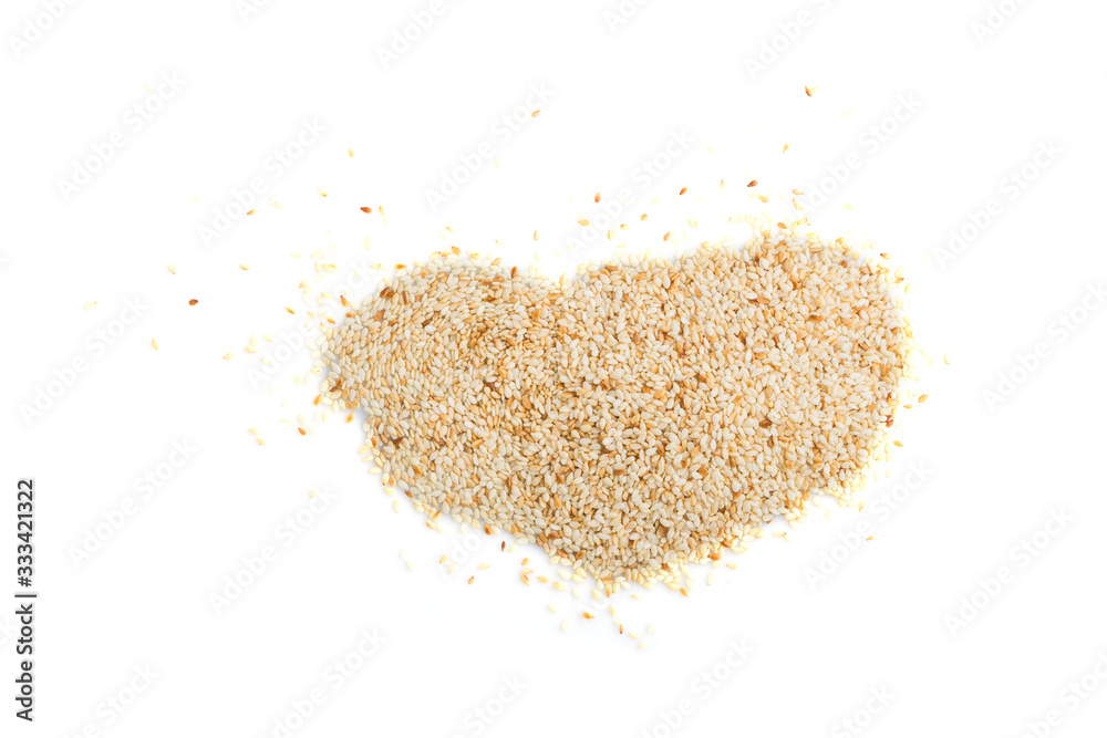 Heap of sesame seeds isolated on white background, top view.