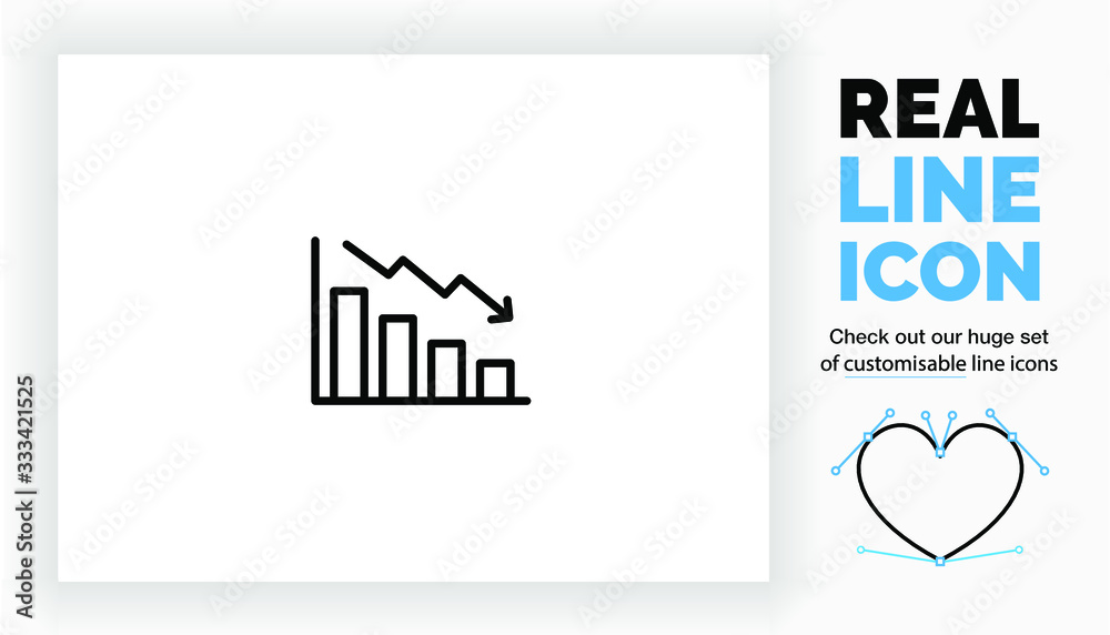 Editable real line icon of a stock market crash by decreasing value in form of a line and bar graph going down in modern black lines on a clean white background as a eps vector file Editable real line icon of a stock market crash by decreasing value in form of a line and bar graph going down in modern black lines on a clean white background as a eps vector file