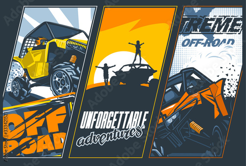 Poster of three banners with UTV`s off-road vehicles. Vector graphics.