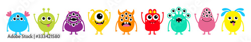 Happy Halloween. Monster set line. Cute kawaii cartoon colorful scary funny character icon. Eyes, horns, tongue, hands, fang teeth . Funny baby collection. Isolated. White background Flat design.