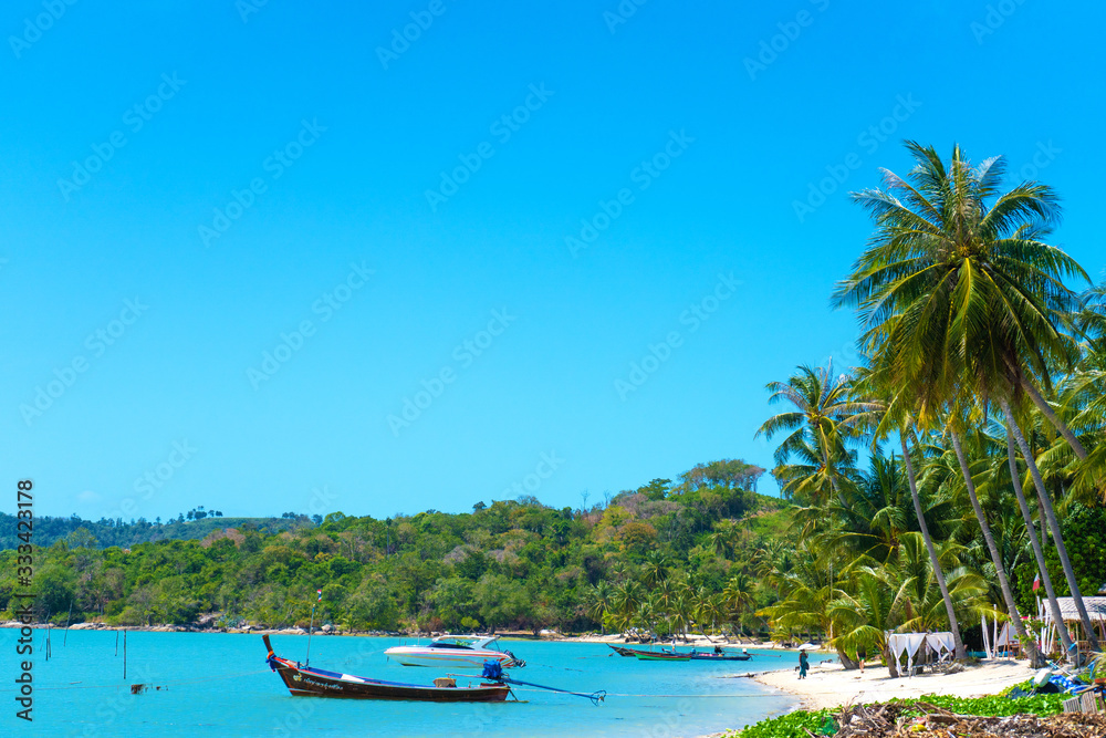 Tropical beach landscape. Perfect white sand, green palm trees and blue water. Travel and relaxation in the tropics