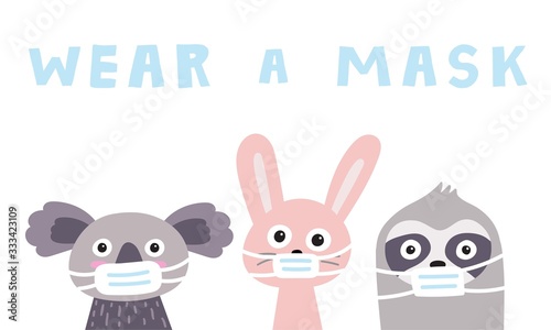 Cute COVID-19 hygiene promotion banner for children. Flat style illustration of animals with protective masks. Koala, hare, sloth wearing face mask