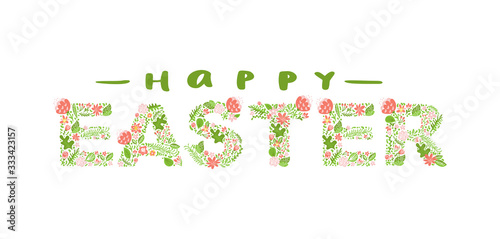 Happy Easter vintage vector calligraphy text. Christian hand drawn lettering poster for Easter with flowers and leaves. Modern handwritten brush type isolated for poster, t-shirt, banner, logo
