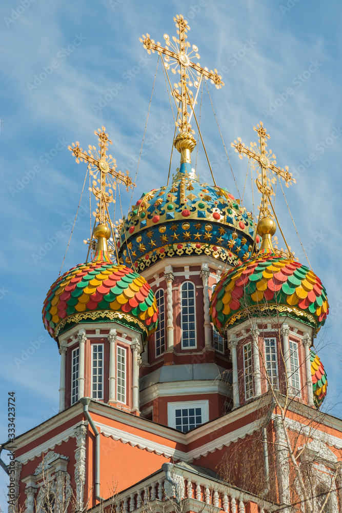 Multi-colored domes of the Russian church. Nizhny Novgorod