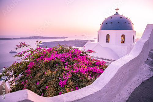 Romantic sunset in Santorini. Famous travel and vacation landscape with beautiful outdoor architecture. Flowers and soft sunset light, inspirational view. Amazing summer sunset landscape, tranquility