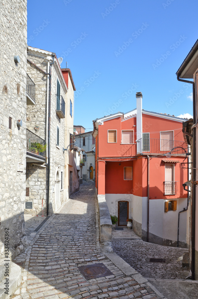 A narrow street between the houses of Morcone, a medieval village in the Campania region in Italy