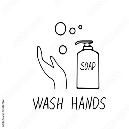 Liquid soap bubbles and lettering Wash your hands Hand drawn in doodle scandinavian minimalism style icon sticker poster card prevention protection virus coronavirus covid-19 pandemic epidemic hygiene