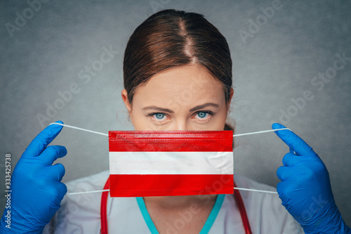 Photography Coronavirus in Austria Female Doctor Portrait hold protect Face surgical medical mask with Austria National Flag