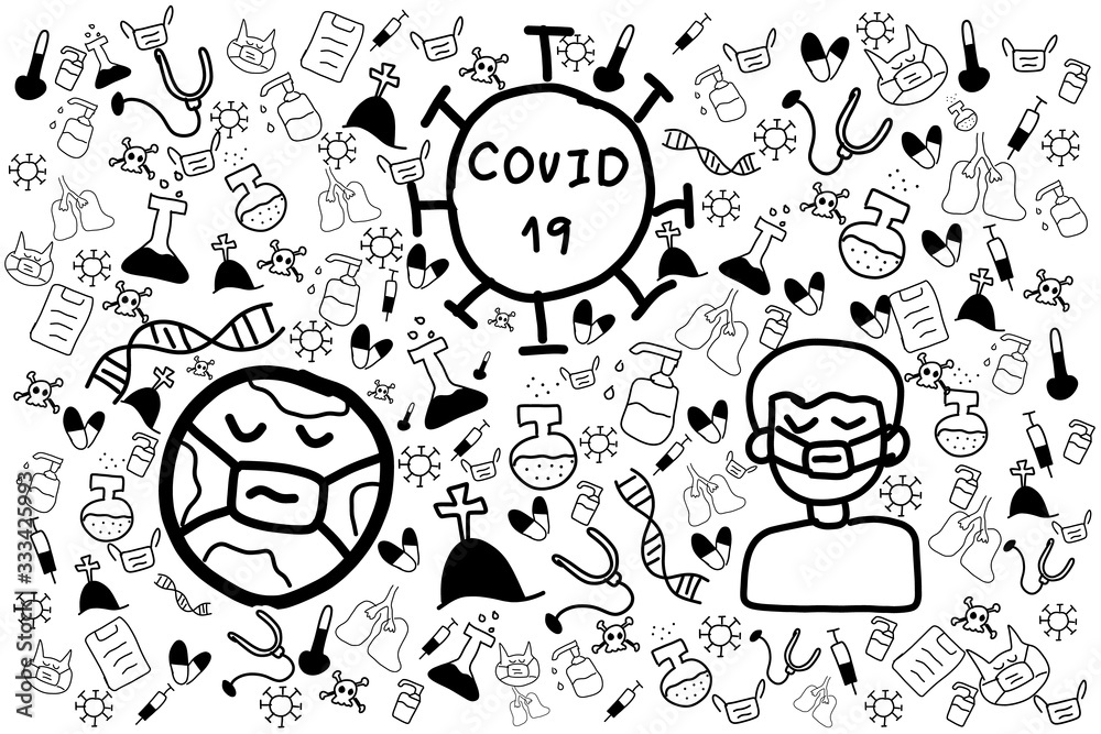 Covid-19 doodle hand draw on white background. Corona virus disease concept. Covid-19 doodle hand draw on white background. Corona virus disease concept.