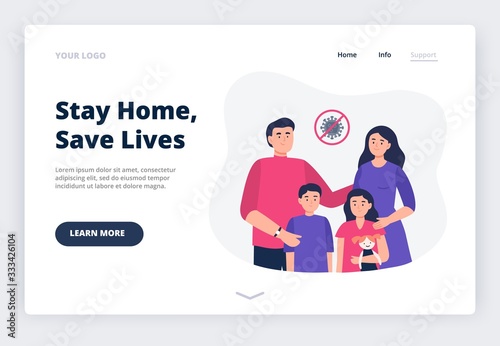 Stay home. Social media campaign and coronavirus prevention. A landing page with a family at home. All happy family - father, mother, and kids stay home. Vector flat illustration.