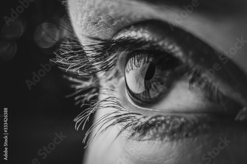 Black and white macro photo Eye of a European woman with eyelashes, pupil in a low key. Shine in the pupil of the eye close-up with soft focus. photo