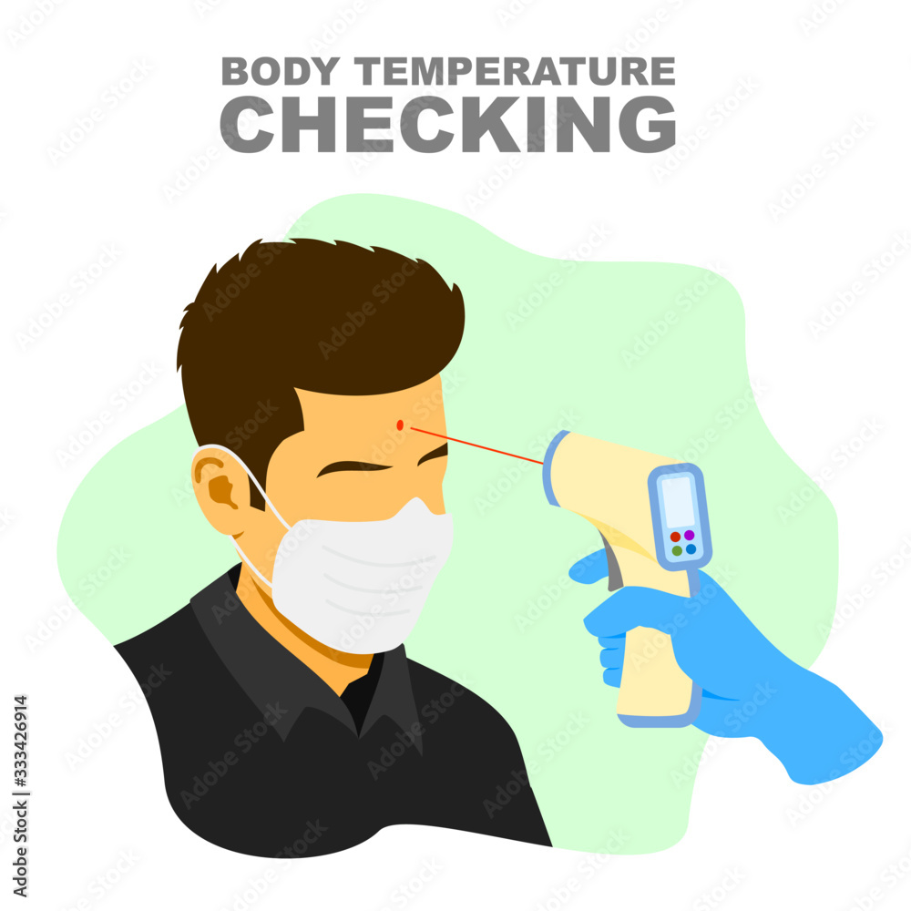 Body temperature checking, using thermometer gun (pyrometer) and glove illustration. Body temperature checking, using thermometer gun (pyrometer) and glove illustration.