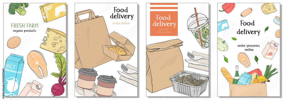 Set of posters dedicated to the delivery of food and groceries on a white background.