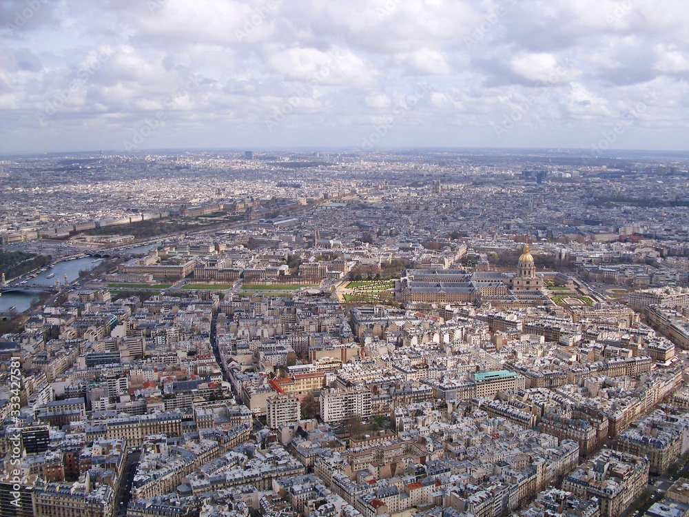 Aerial view from eiffel tower towards the city centre of Paris, France 