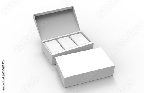 Mockup 3D with coffee or tea Two blank packaging boxes - open and closed mockup, isolated on white background.