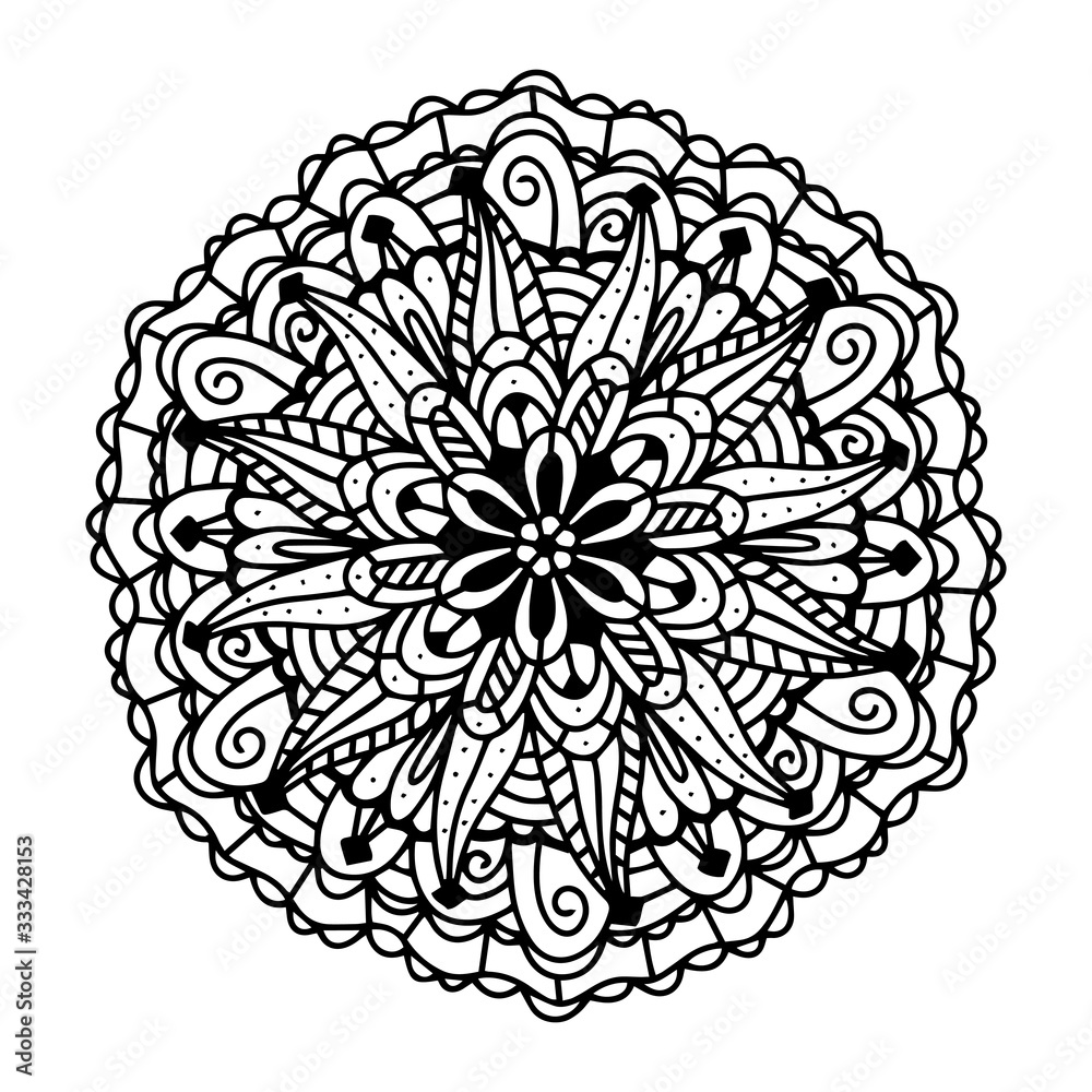 Boho floral mandala black line art. Yoga template circular pattern. Round ink mandala isolated on white background Boho floral mandala black line art. Yoga template circular pattern. Round ink mandala isolated on white background