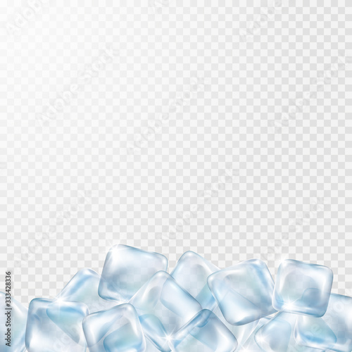 Ice cubes isolated on transparent background. Realistic freeze water blocks with empty space. Vector 3d blue icy template..