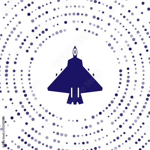 Blue Jet fighter icon isolated on white background. Military aircraft. Abstract circle random dots. Vector Illustration