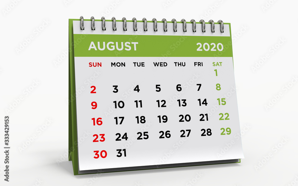 Desk calendar AUGUST 2020 Desk calendar AUGUST 2020