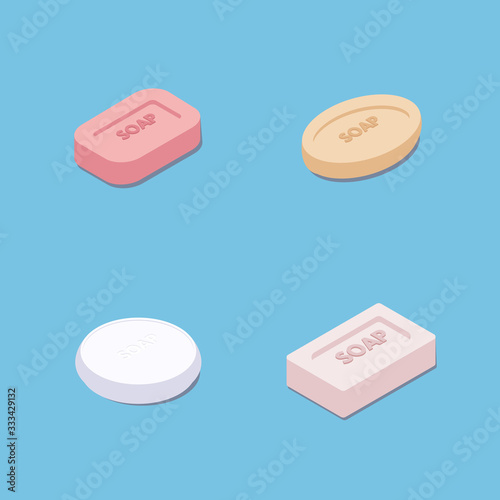 Soap flat style isometric style vector illustration. Square, round and other soap shapes. Colorful soaps. 