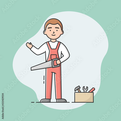Joiner Profession Concept. Young Cheerful Carpenter In Uniform, Work Tools Is Standing, Holding Saw In Hand. Professional Construction Worker With Saw. Cartoon Linear Outline Flat Vector Illustration