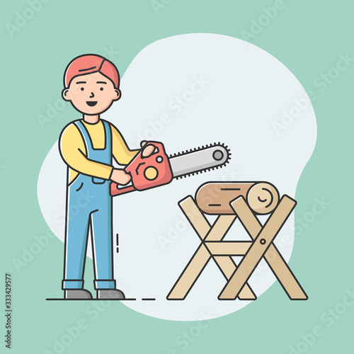 Joiner Profession Concept. Young Professional Carpenter In Uniform With Work Tools At Workplace And Sawing Log By Chainsaw. Construction Woodworker. Cartoon Linear Outline Flat Vector Illustration