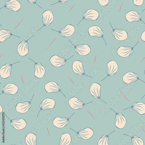 Light leaves on a pastel blue background seamless vector pattern. Simple doodle surface print design. For fabrics, stationery and packaging