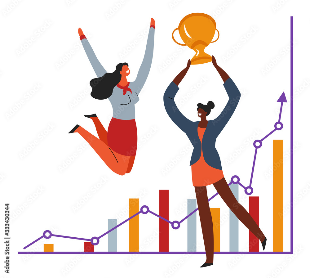 Women with award and charts, success at work