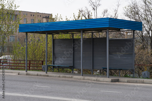 Empty bus stop. The empty city. Deserted street. Quarantine. The epidemic COVID-19. Pandemic. Danger Apocalypse