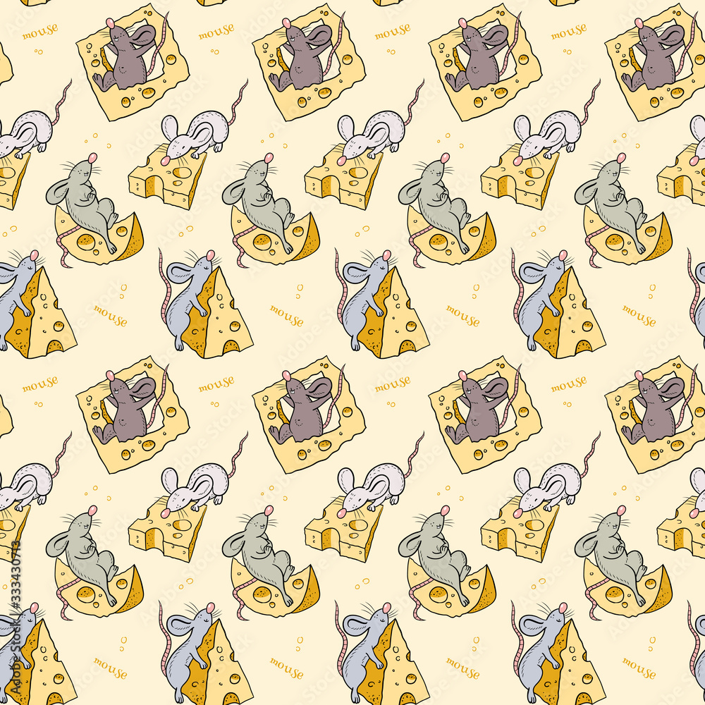 Seamless pattern with funny mice, cheese and lettering. Animalistic vector background. Yellow and gray tones.