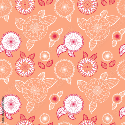 Seamless pattern with different flowers and berries. Floral vector background. Buds, flowers and berries. White, pink and burgundy tones.