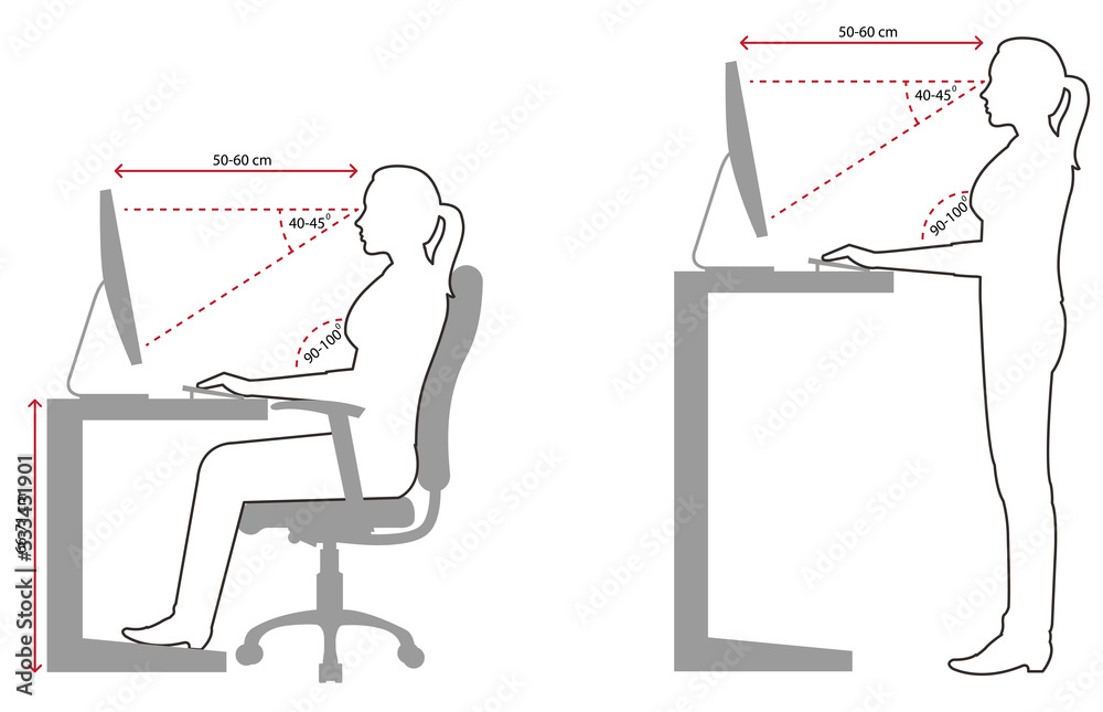 Ergonomics- Line drawing of correct sitting and standing posture when using  a computer Stock Vector | Adobe Stock