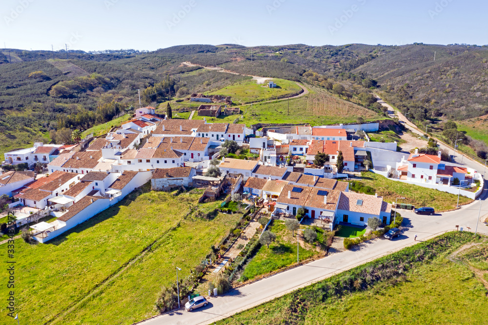 Aerial from the traditional village Pedralva in the Algarve Portugal