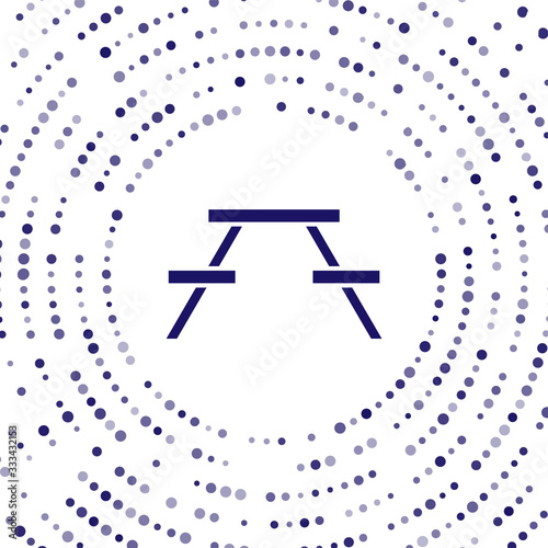 Blue Picnic table with benches on either side of the table icon isolated on white background. Abstract circle random dots. Vector Illustration