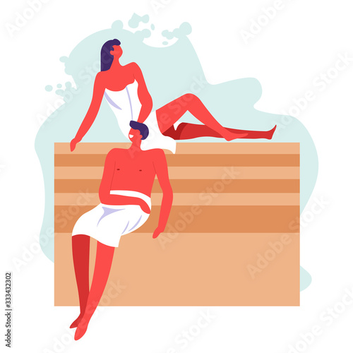 Man and woman in sauna or spa, people in bathhouse