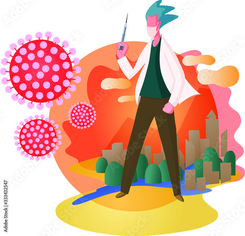 Illustration of doctor fighting corona virus.