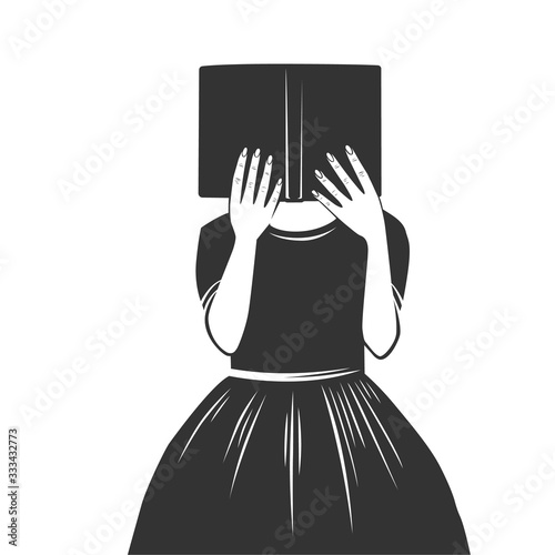 Monochrome illustrations of girls reading.