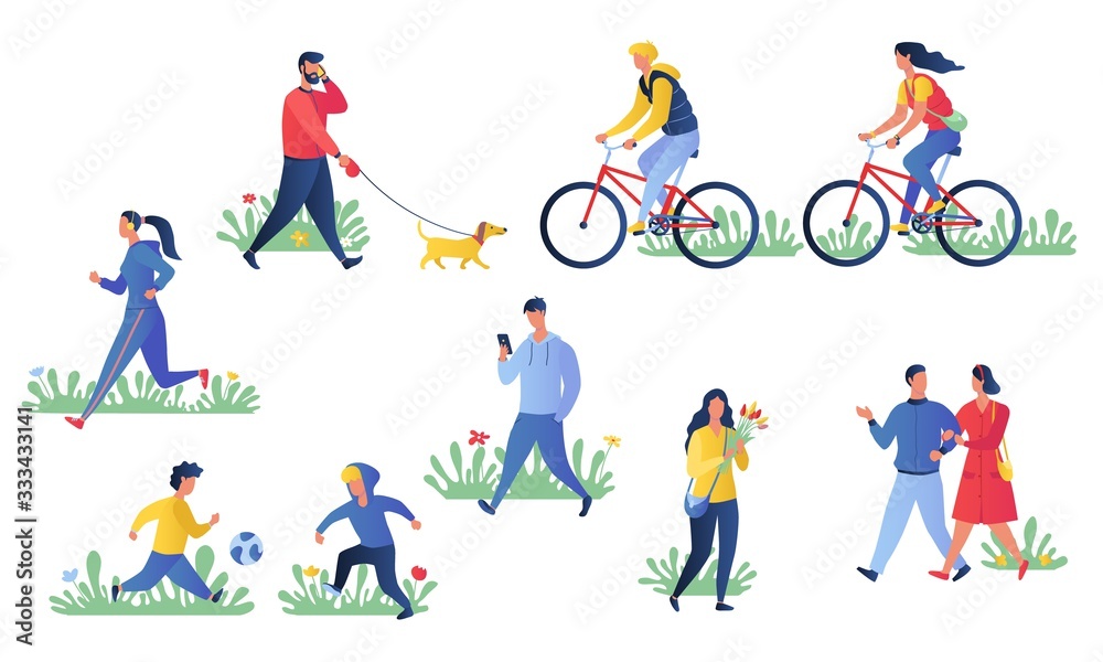 Illustrated various people exercising outdoors series with copy space.