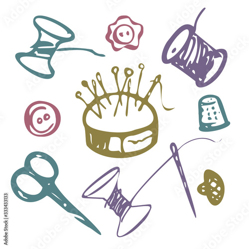 Set of vector illustrations on the topic of sewing. Spools of thread, needle bar with pins and needles, scissors, thimble, buttons. Isolated on a white background.