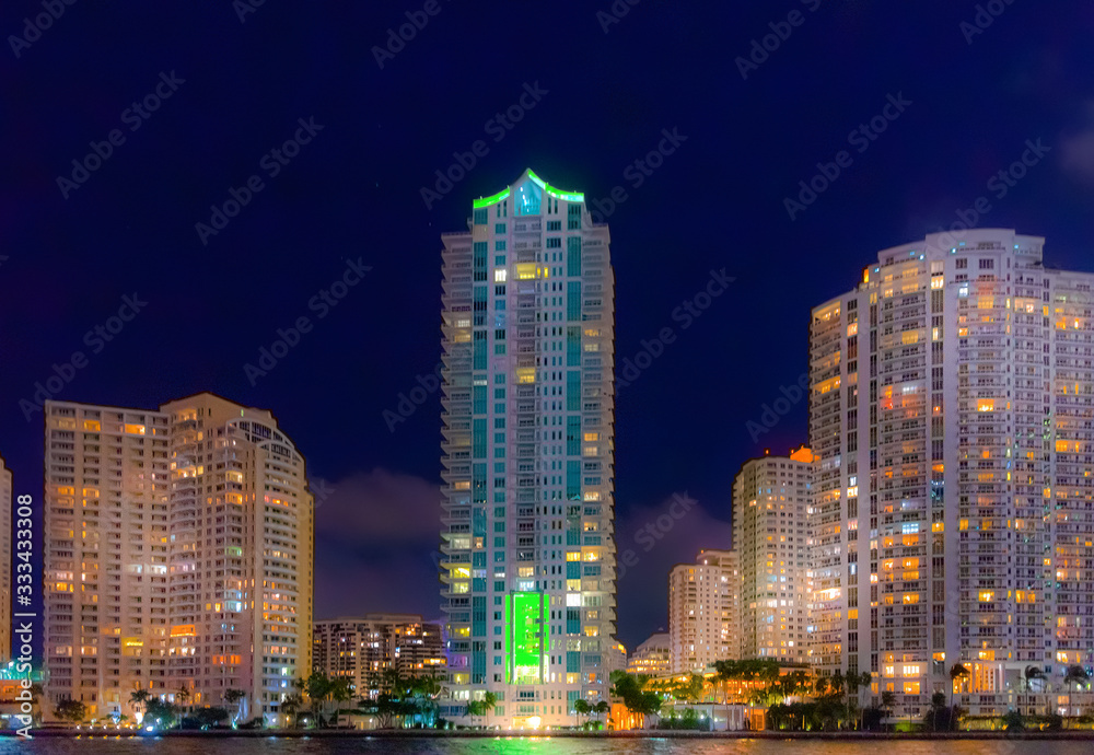 Skyscrapers in Miami Riverwalk at night