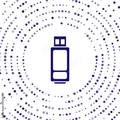 Blue USB flash drive icon isolated on white background. Abstract circle random dots. Vector Illustration