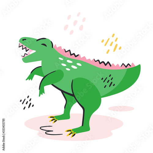 Green cute dinosaur. Prehistoric elements. Ancient animals. Nature. Jurassic world.  Colourful vector illustration icon sticker isolated on white background.