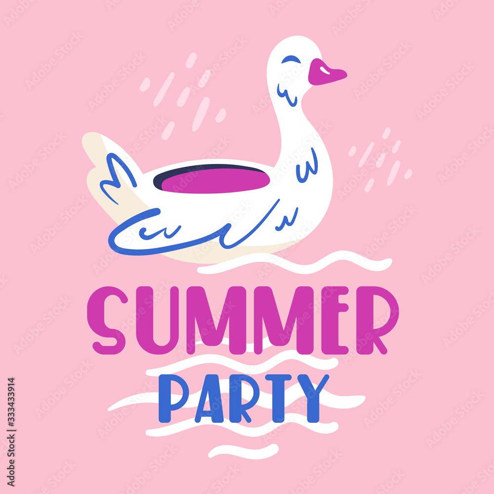 Summer party card. Little white rubber ring duck. Summer seaside beach pool party. Flat colourful vector illustration icon sticker isolated on pink background. Summer party card. Little white rubber ring duck. Summer seaside beach pool party. Flat colourful vector illustration icon sticker isolated on pink background.