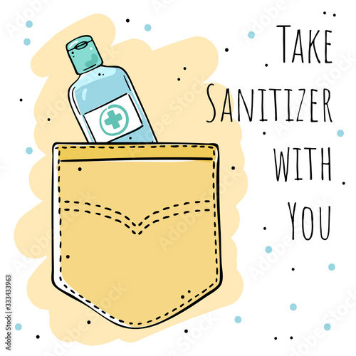Illustration of a disinfectant gel in your pocket. Personal protective equipment against the virus.