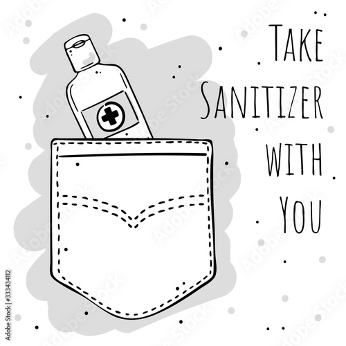 Illustration of a disinfectant gel in your pocket. Personal protective equipment against the virus.