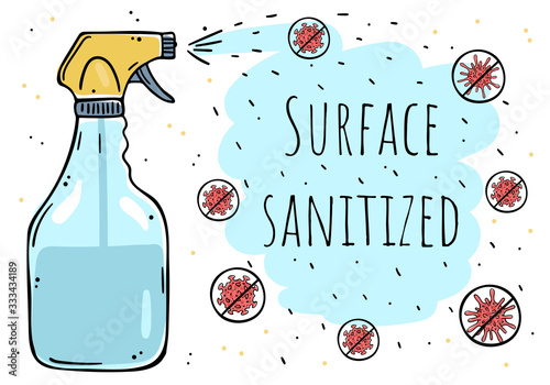 A poster disinfectant spray eliminates viruses. Surface sanitized.