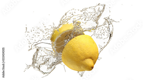 Zwei halbe Zitronen mit Wasser vor weißem Hintergrund photo